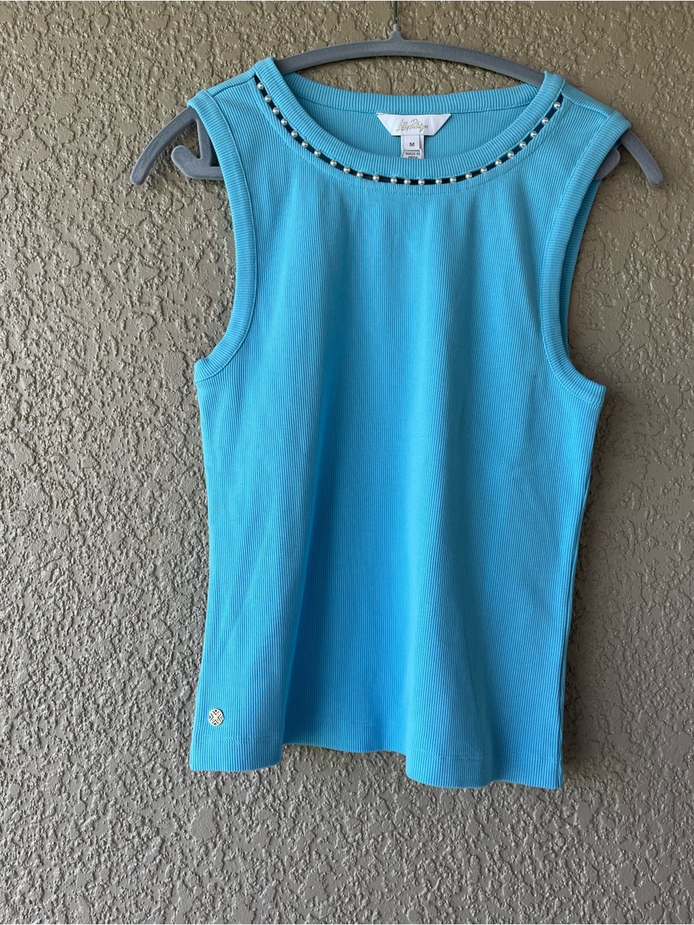 NWT~Lilly Pulitzer Blue Sleeveless Tank with Pearl Beaded Neck